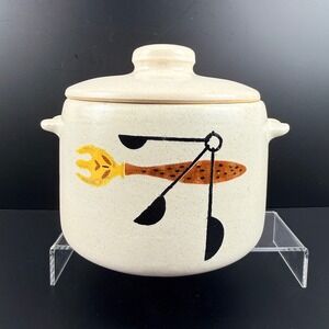 Vintage West Bend Stoneware Bean Pot MCM Fork & Spoon Pattern Crock with Lid